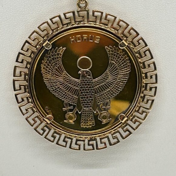 Tutankhamun Gold-tone Coin Pendant Necklace Egyptian Symbols & Greek Key Border - Picture 7 of 14